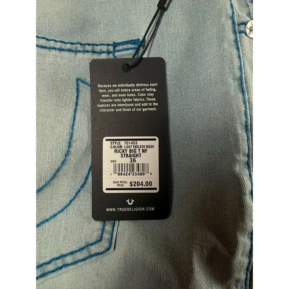 TRUE RELIGION 36 Ricky Big T Jeans Mens Light Wash Straight 701453 NWT